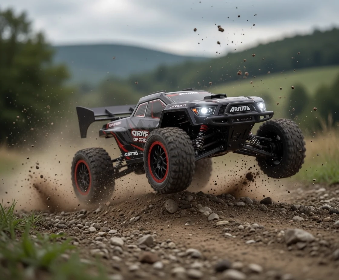 MemTrex Pro brushless RC car on rocky terrain