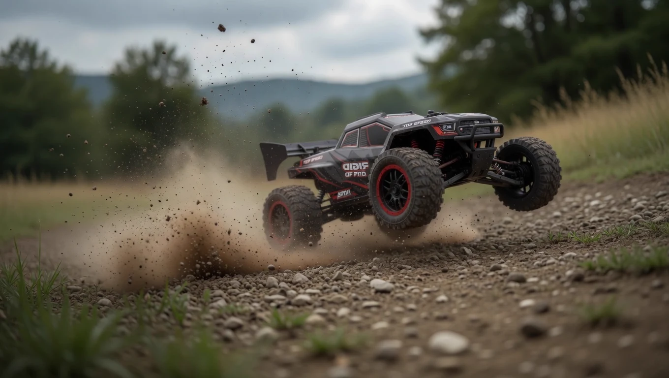 MemTrex Pro brushless RC car airborne over a UK ramp — recommended for ages 14 and over