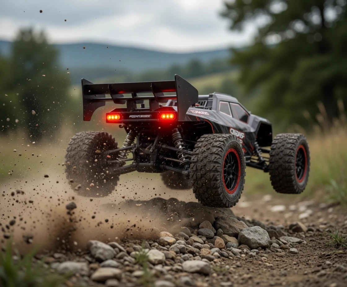MemTrex Pro RC car in action, rear view, dust cloud on UK terrain