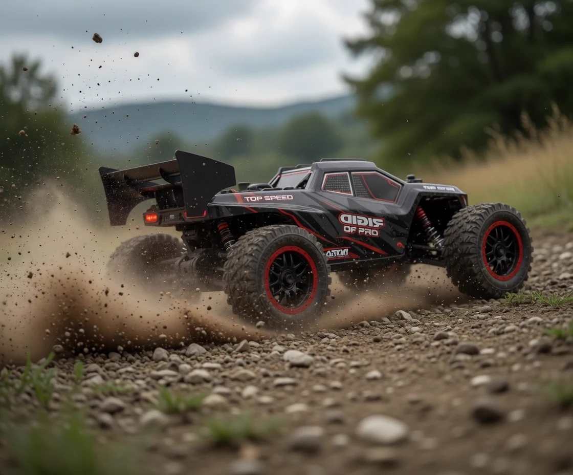 MemTrex RC car drifting on dirt